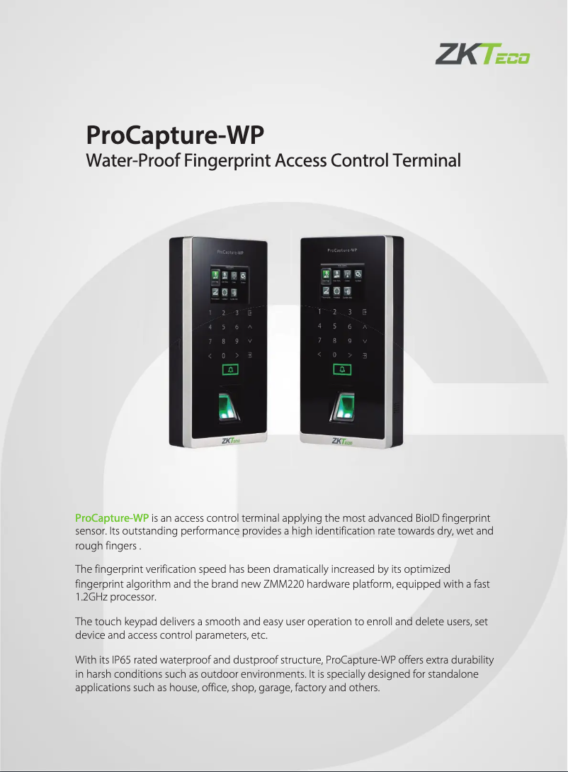 Página 1 del manual Ficha técnica ZKTeco ProCapture-WP