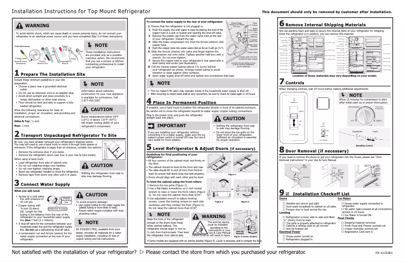 Page 1 de la notice Guide d'installation Frigidaire FFHT1621TW
