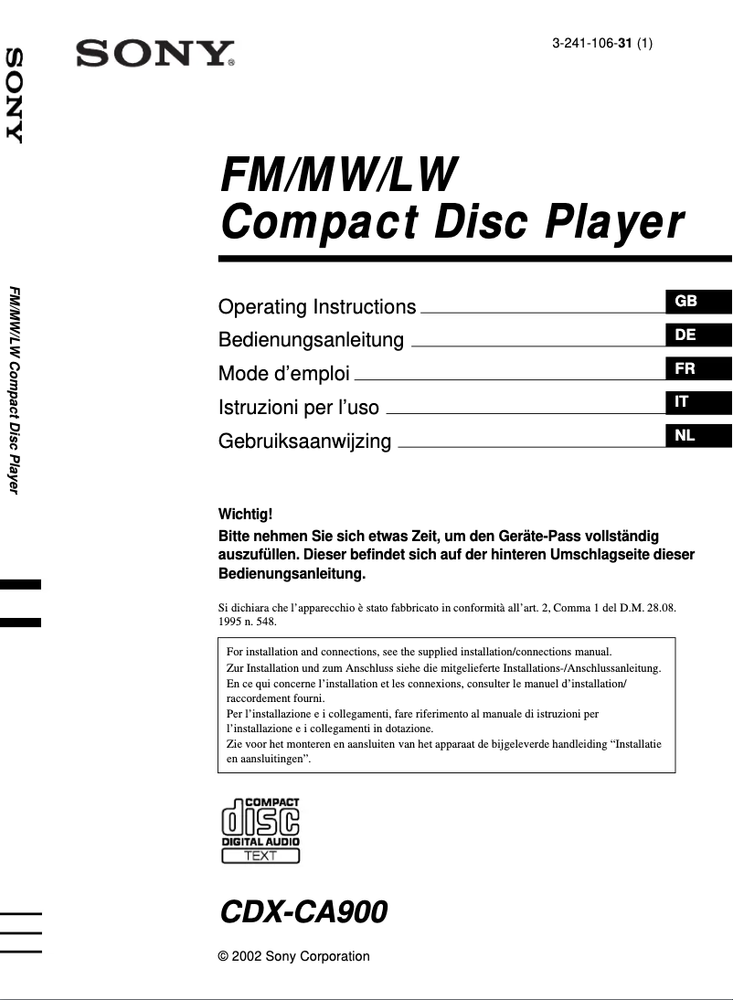Page 1 de la notice Manuel utilisateur Sony CDX-CA900