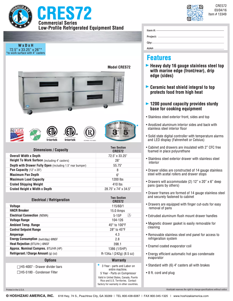 Page 1 de la notice Fiche technique Hoshizaki Commercial CRES72