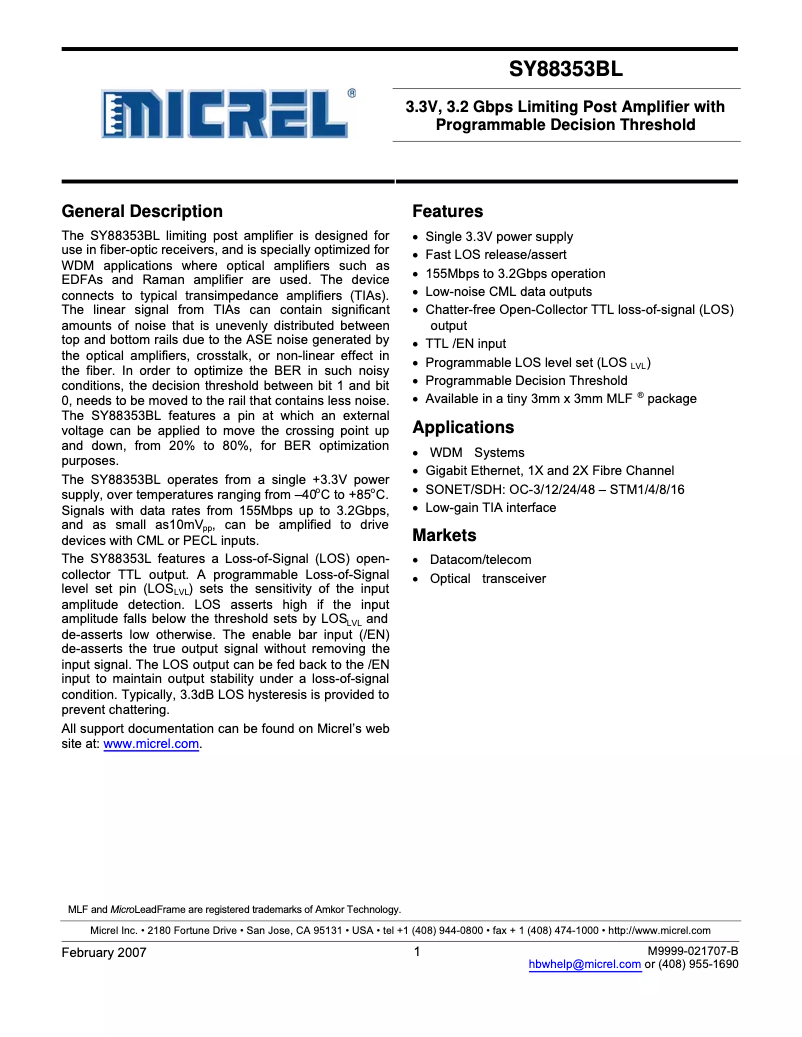 Page 1 de la notice Manuel utilisateur Microchip SY88353BL