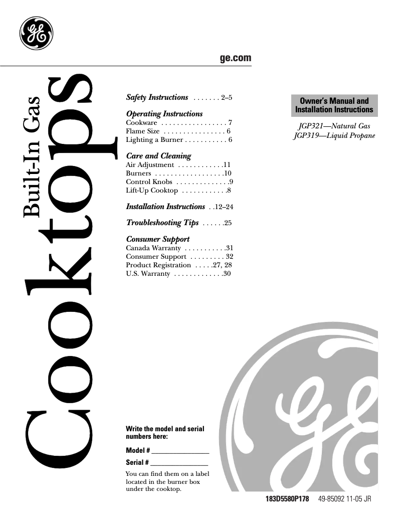 Page 1 de la notice Guide d'installation GE JGP321EJWH