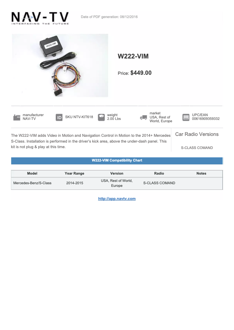 Page n°1 - Fiche technique NAV-TV W222-VIM VNTV-KIT618