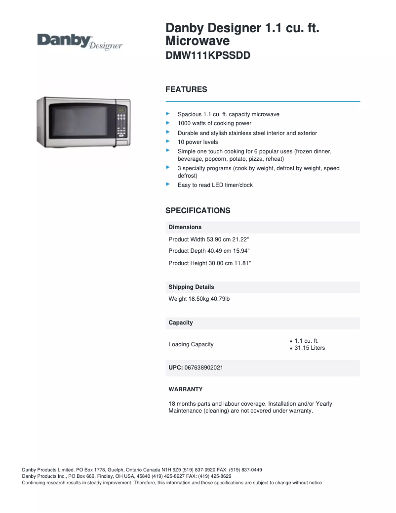 Page 1 de la notice Fiche technique Danby DMW111KPSSDD