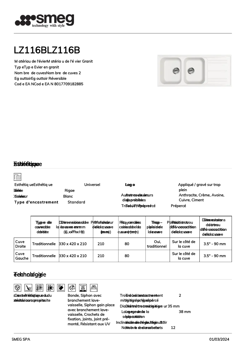 Page 1 de la notice Fiche technique Smeg LZ116B