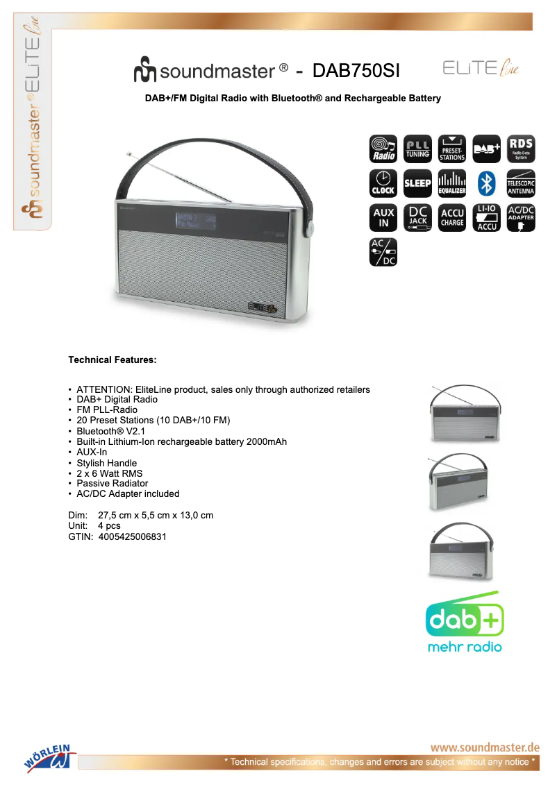 Page n°1 - Fiche technique Soundmaster DAB750