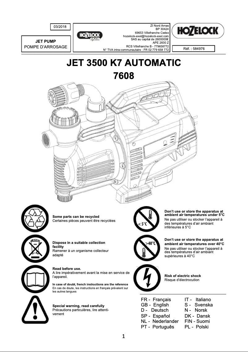 Page n°1 - Manuel utilisateur Hozelock Jet 3500 K7 Automatic 7608