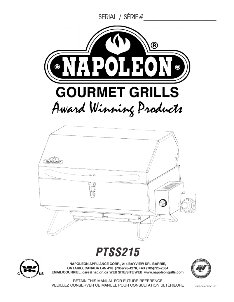Page 1 de la notice Manuel utilisateur Napoleon PTSS215PI