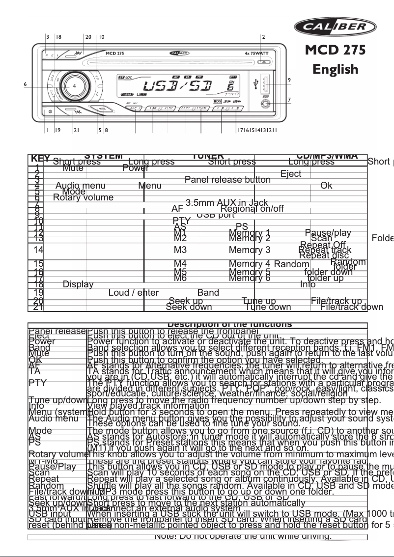 Page 1 de la notice Manuel utilisateur Caliber MCD 275