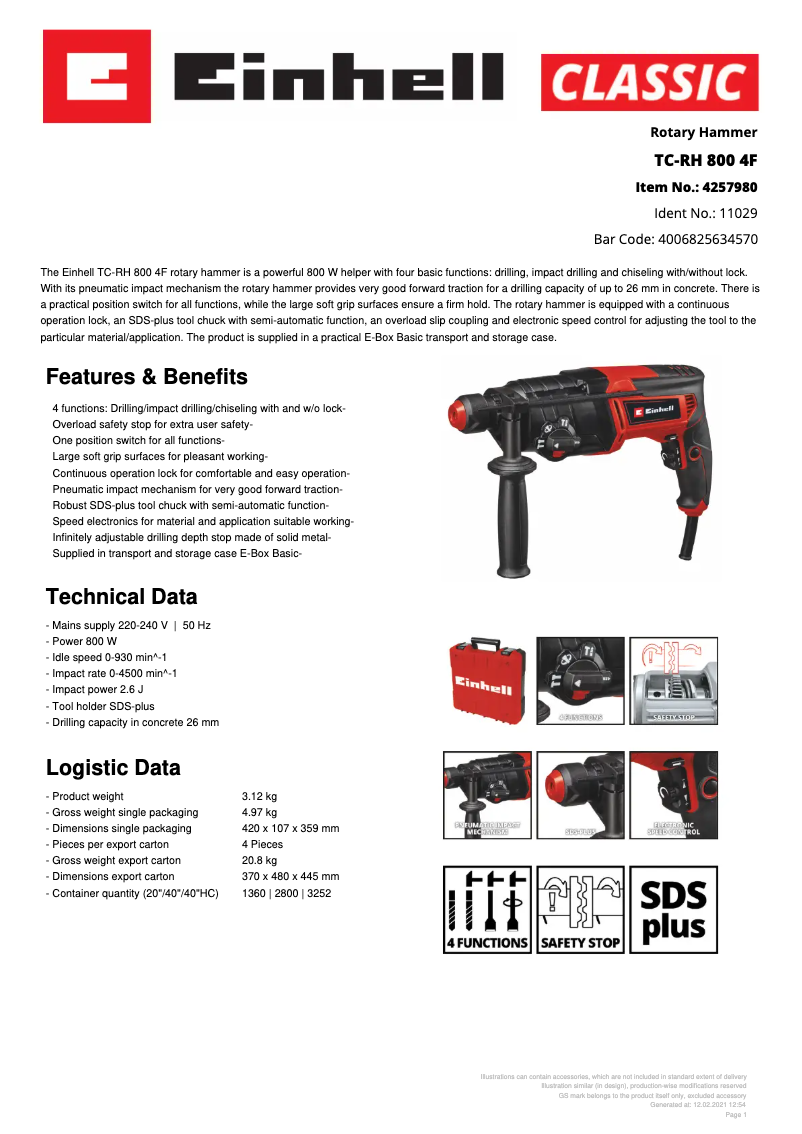 Page 1 de la notice Fiche technique Einhell TC-RH 800 4F