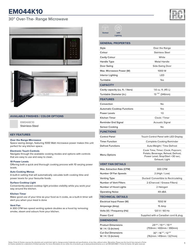 Page 1 de la notice Fiche technique Porter & Charles EM044K10