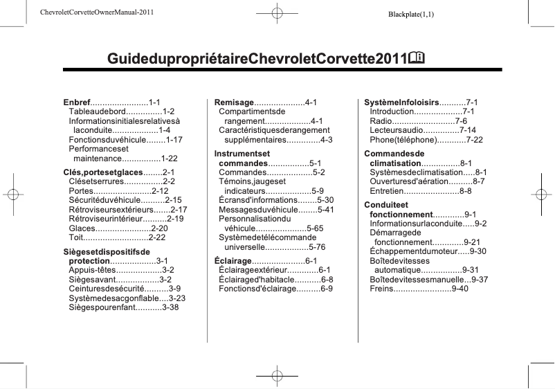 Page 1 de la notice Manuel utilisateur Chevrolet Corvette (2011)
