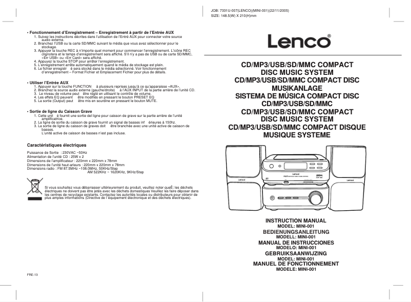 Page 1 de la notice Manuel utilisateur Lenco Mini-001