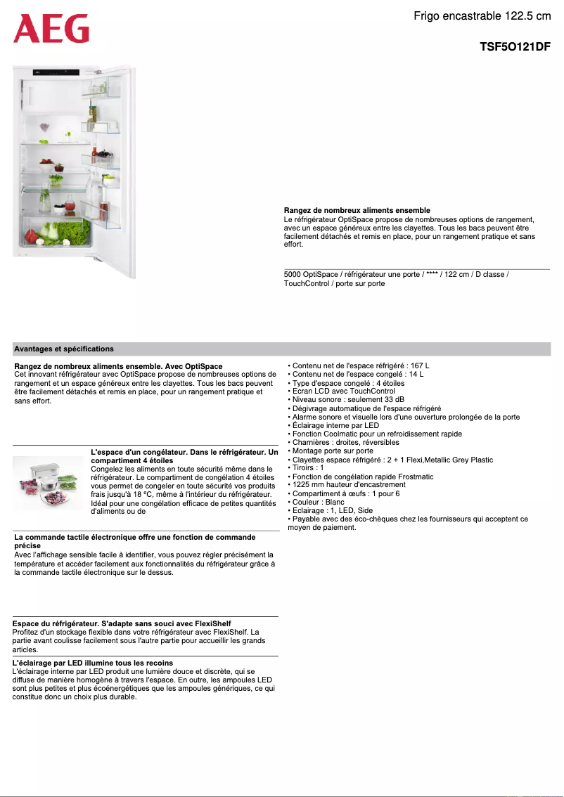Page 1 de la notice Fiche technique AEG TSF5O121DF