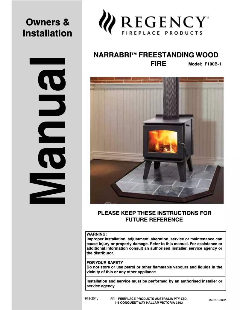Image de la première page du manuel de l'appareil Narrabri F100B-1