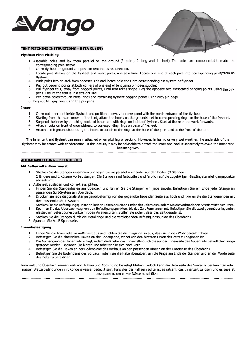 Page 1 de la notice Manuel utilisateur Vango Beta 450XL