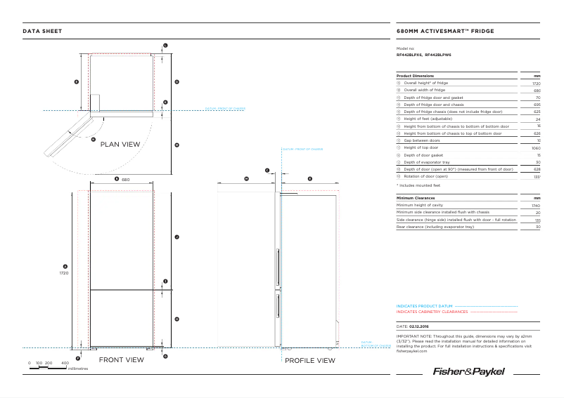 Page 1 de la notice Fiche technique Fisher & Paykel RF442BLPX8