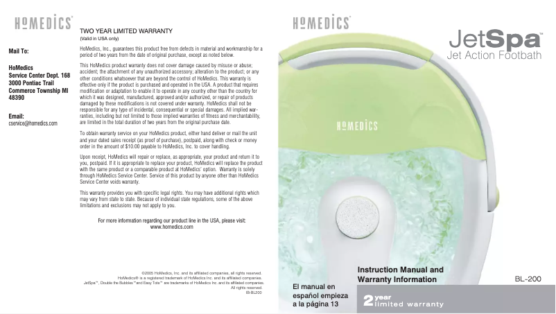 Image de la première page du manuel de l'appareil JetSpa BL-200