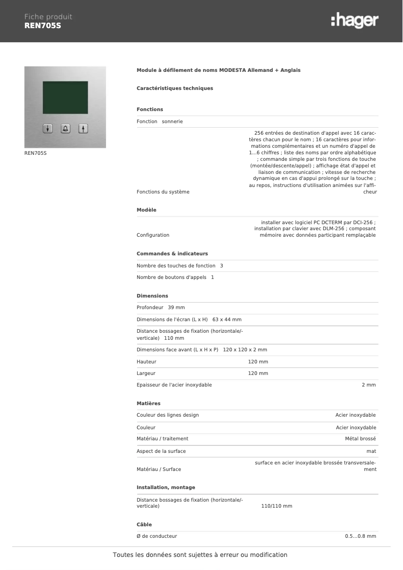 Page 1 de la notice Fiche technique Hager REN705S