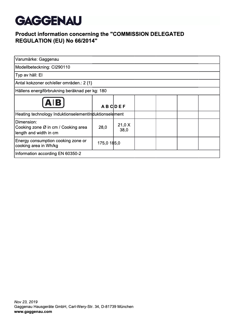 Page 1 de la notice Fiche technique Gaggenau CI290110