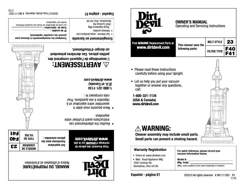 Page 1 de la notice Manuel utilisateur Dirt Devil Ud70095 Power Reach Pet