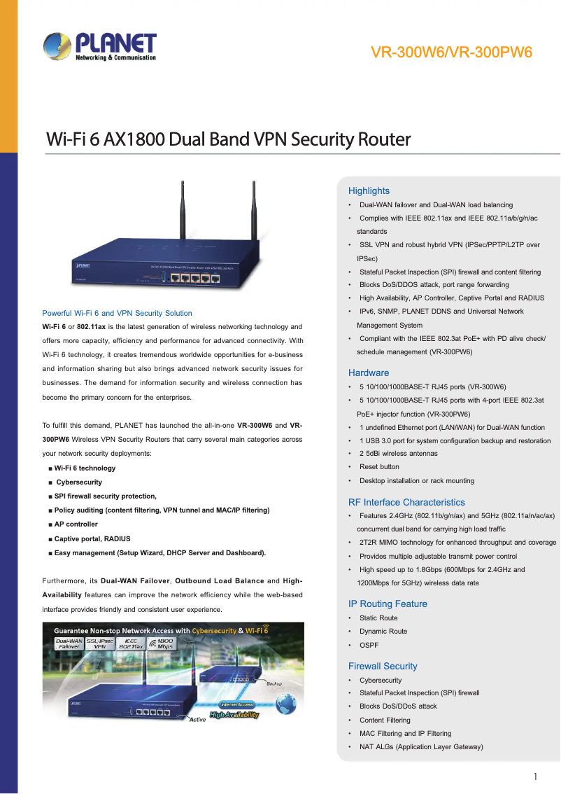 Page 1 de la notice Fiche technique Planet VR-300W6