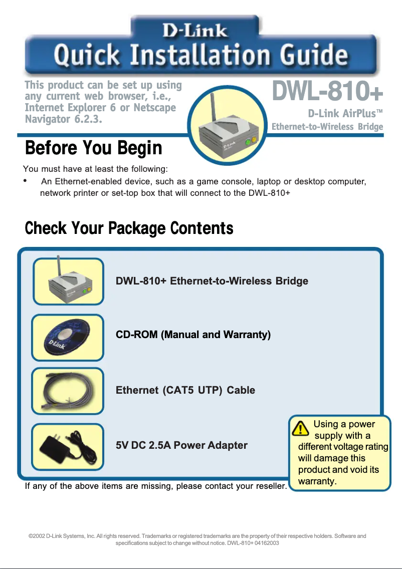 Image de la première page du manuel de l'appareil AirPlus DWL-810+