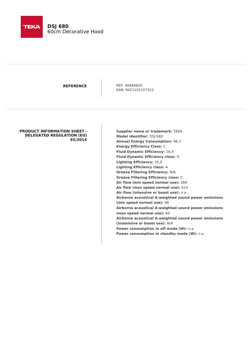 Page 1 de la notice Fiche technique Teka DSJ 680
