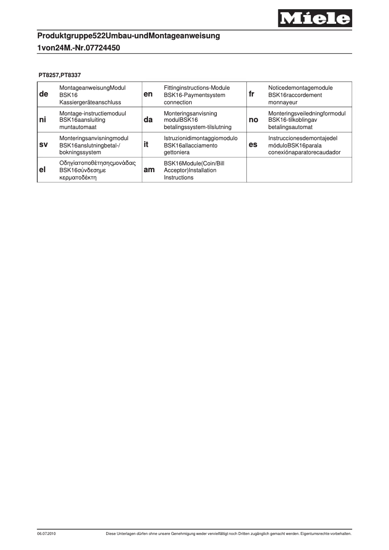 Page n°1 - Manuel utilisateur Miele BSK 16