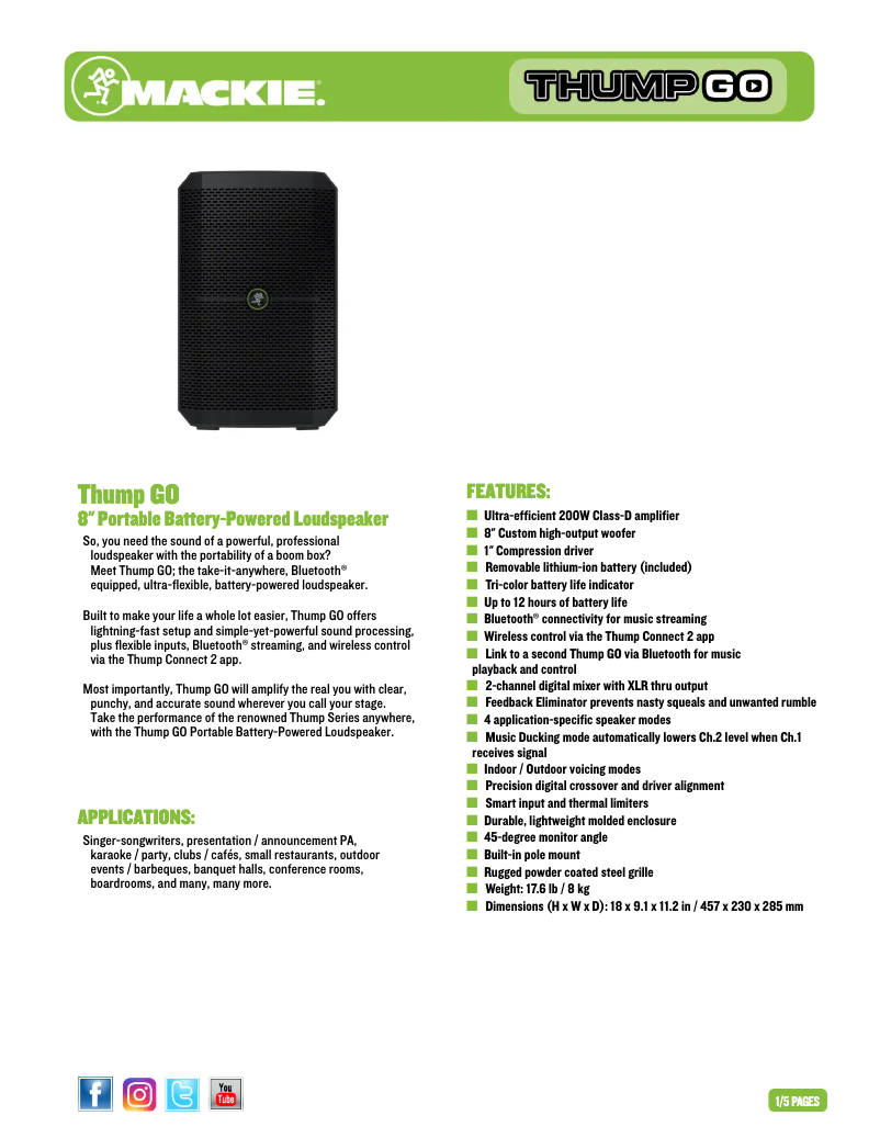 Page 1 de la notice Fiche technique Mackie Thump GO