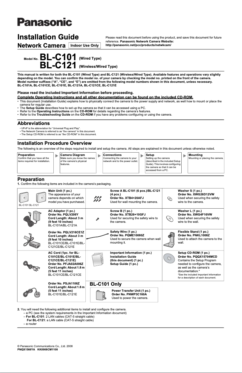 Page 1 de la notice Manuel utilisateur Panasonic BL-C101CE