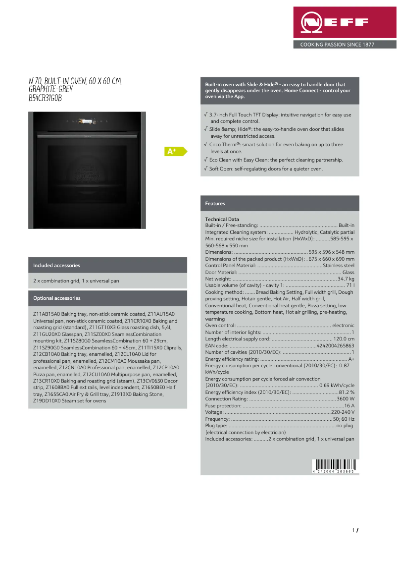 Page 1 de la notice Fiche technique Neff B54CR31G0B