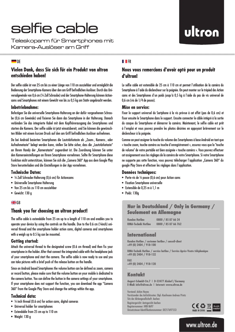 Page 1 de la notice Manuel utilisateur Ultron Selfie Cable