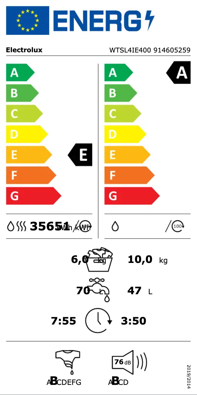 Page n°1 - Label énergétique Electrolux WTSL4IE400