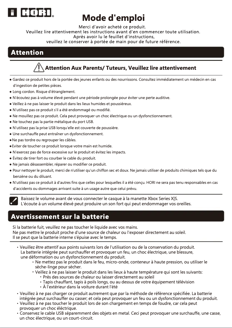 Page n°1 - Manuel utilisateur Hori MBS-007U