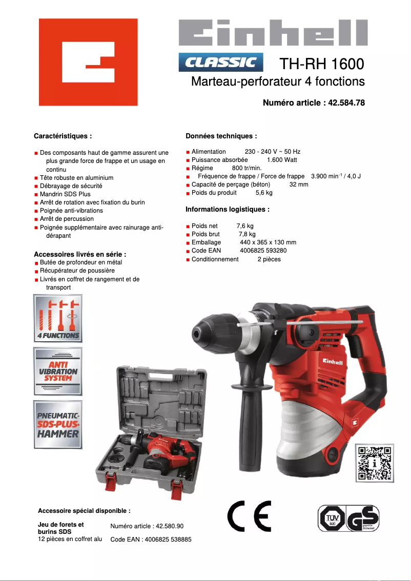 Page 1 de la notice Fiche technique Einhell TC-RH 1600