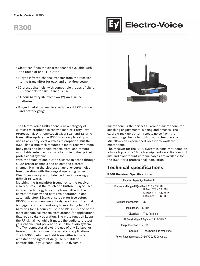 Page 1 de la notice Fiche technique Electro-Voice R300
