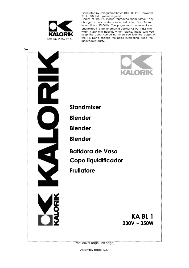 Image de la première page du manuel de l'appareil KA BL 1