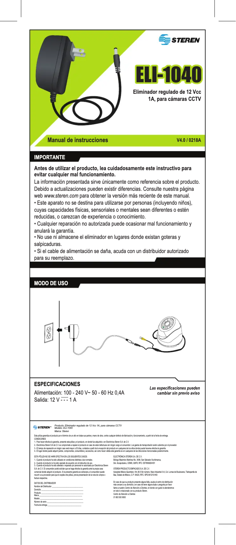 Page 1 de la notice Manuel utilisateur Steren ELI-1040