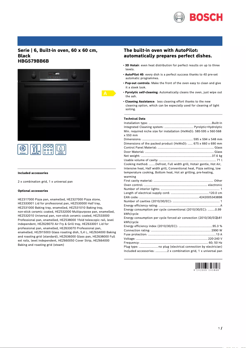 Page 1 de la notice Fiche technique Bosch HBG579BB6B