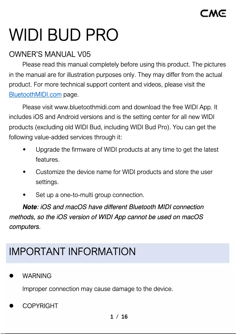 Image de la première page du manuel de l'appareil WIDI Bud Pro