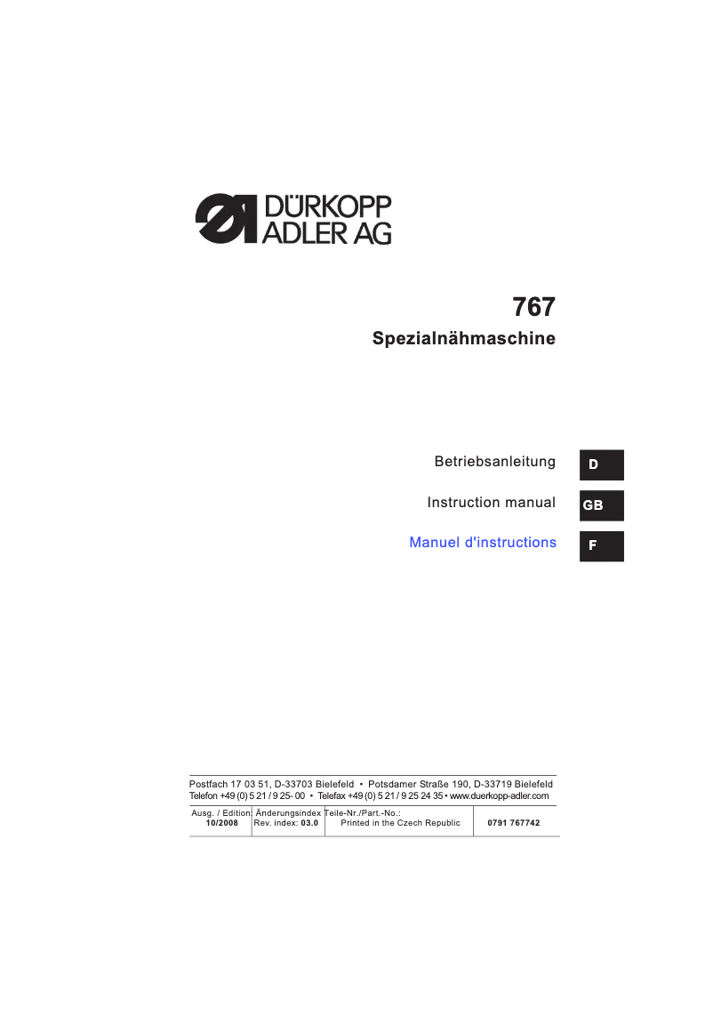 Page n°1 - Guide d'installation Dürkopp Adler 767