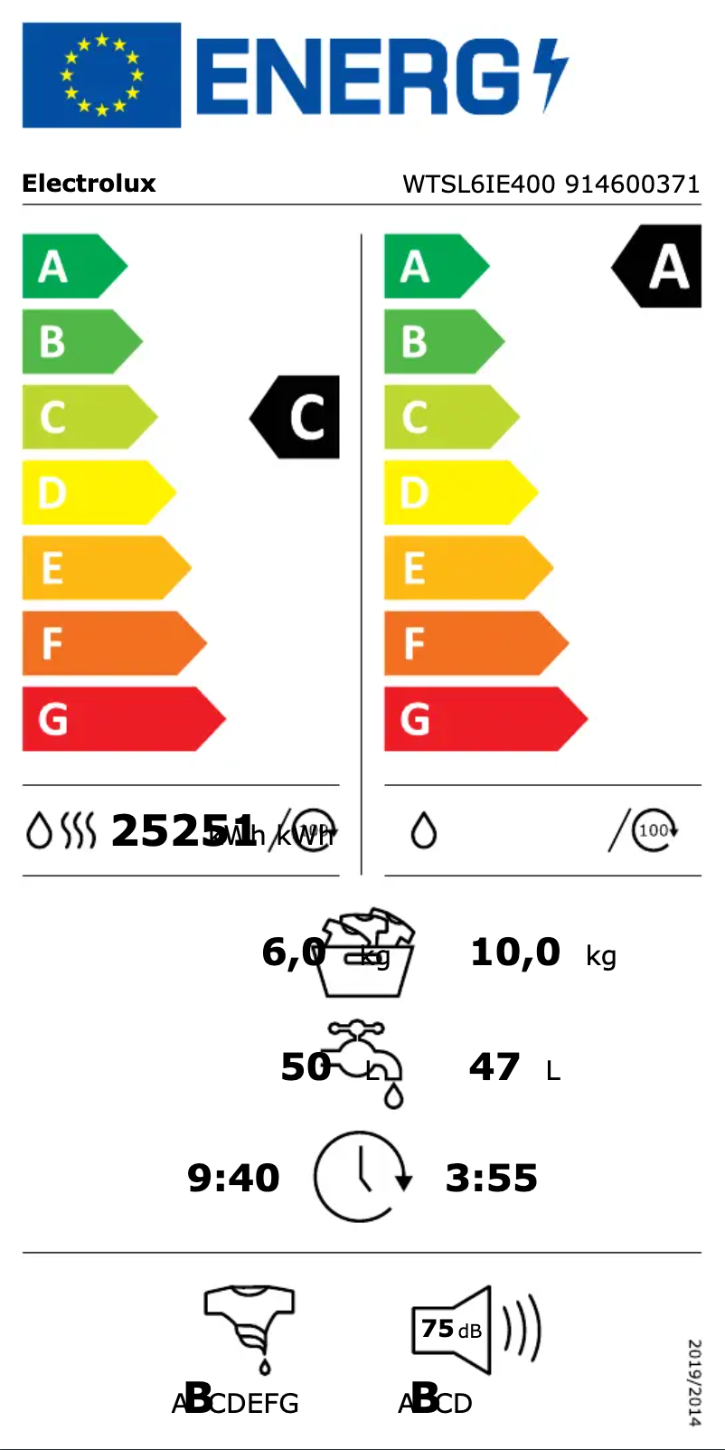 Page n°1 - Label énergétique Electrolux WTSL6IE400