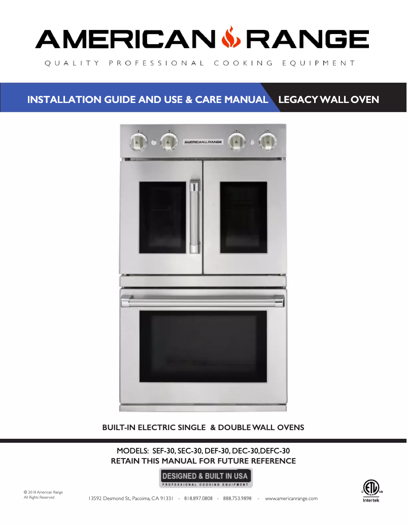 Page n°1 - Manuel utilisateur American Range SEF30