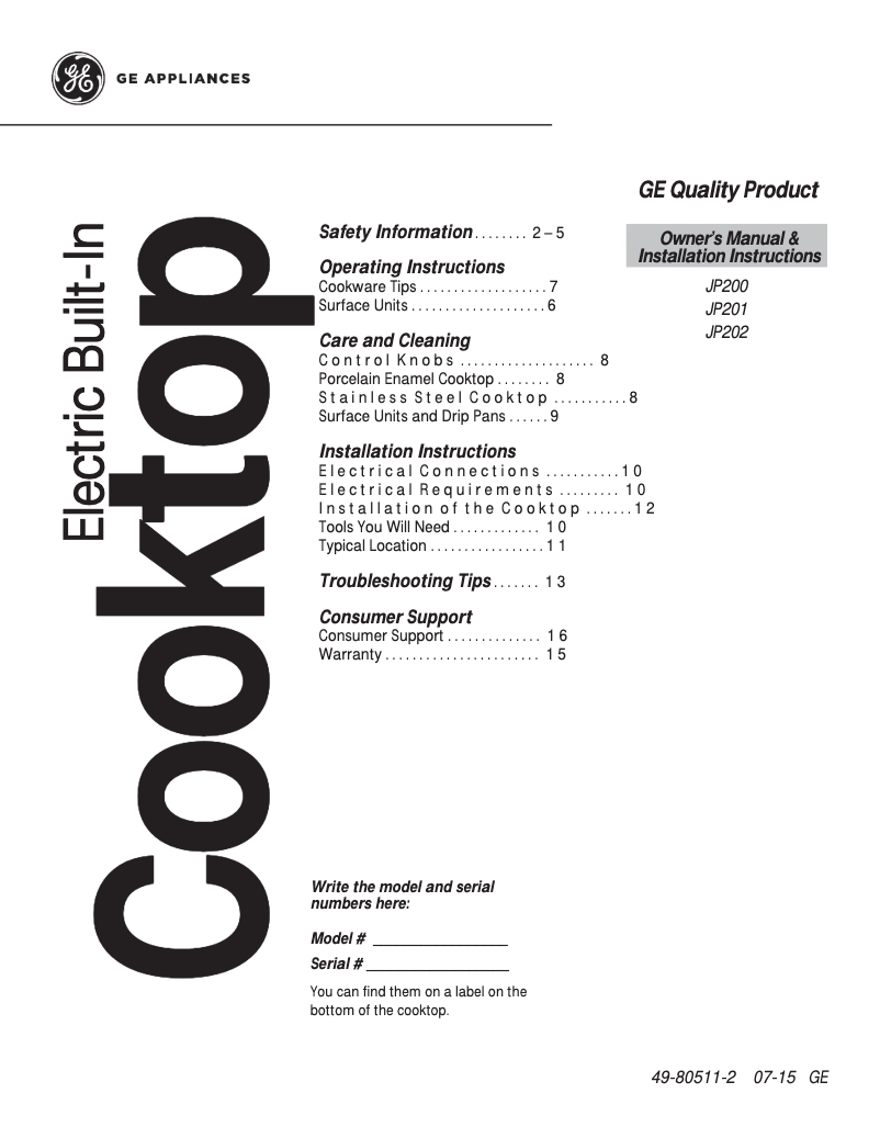 Página 1 del manual Guía de instalación GE JP202DWW