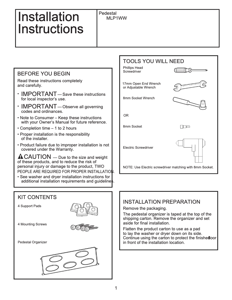 Image de la première page du manuel de l'appareil MLP1WW