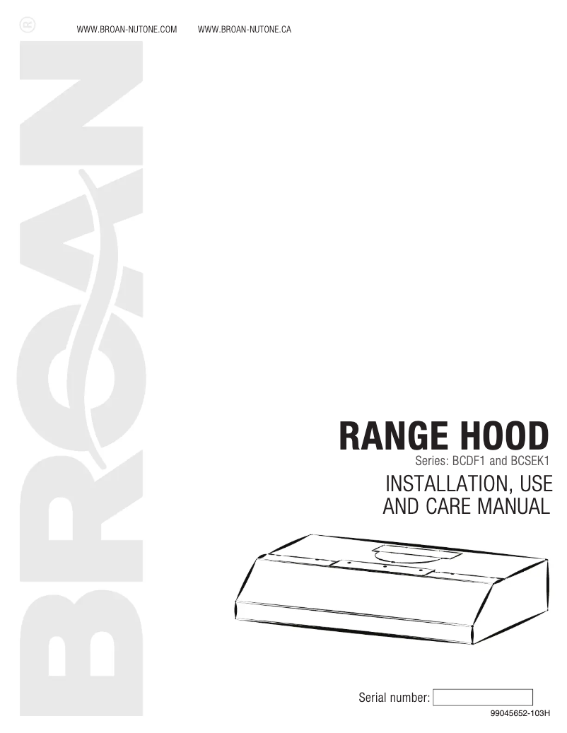 Page n°1 - Manuel utilisateur Broan BCSEK130BL