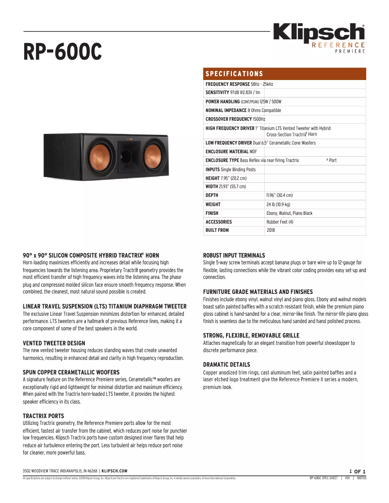 Page n°1 - Fiche technique Klipsch Reference Premiere RP-600C
