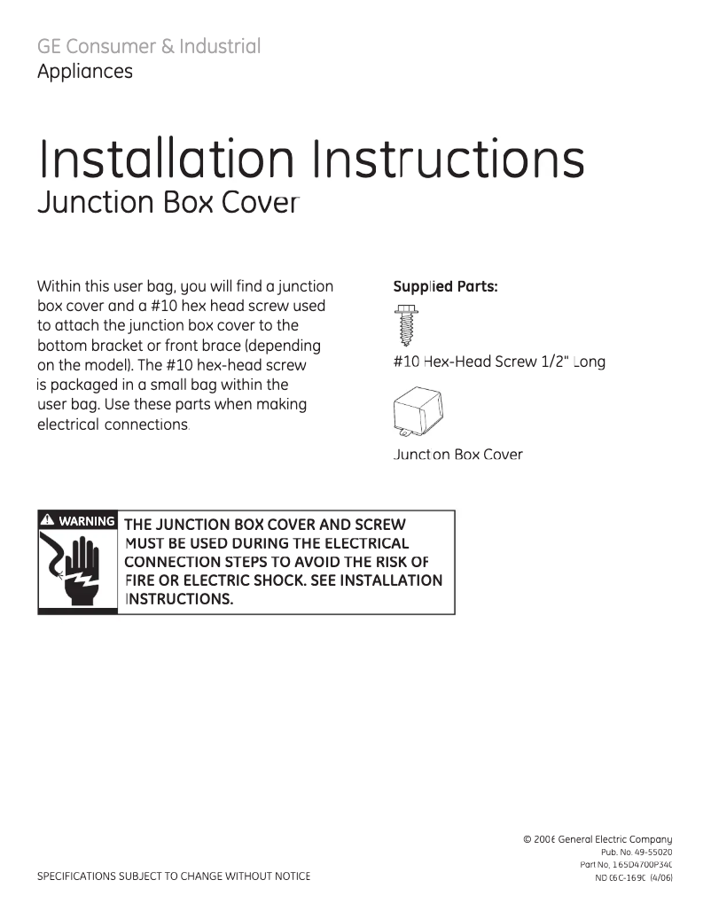 Page 1 of the manual Installation Guide GE GSD3455FCC