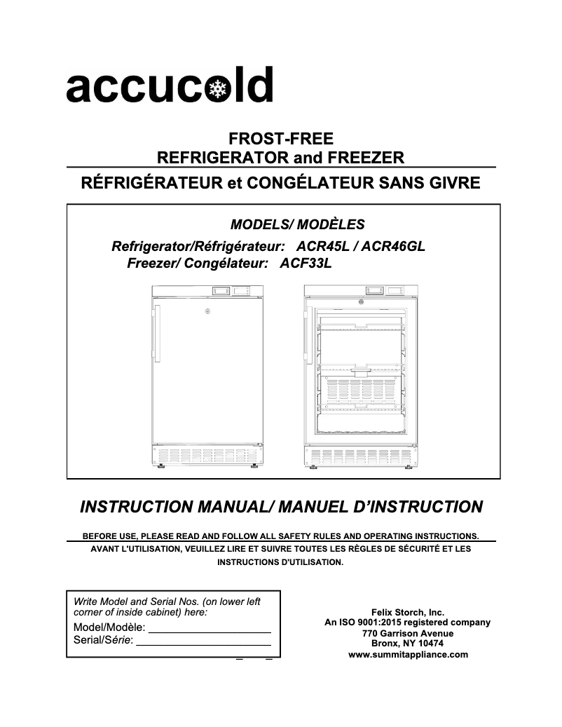 Page 1 de la notice Manuel utilisateur Accucold ACR45LCAL